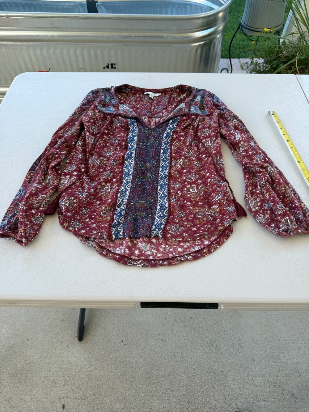 Lucky Brand Burgundy Floral Boho Split-Neck Blouse with Navy Trim